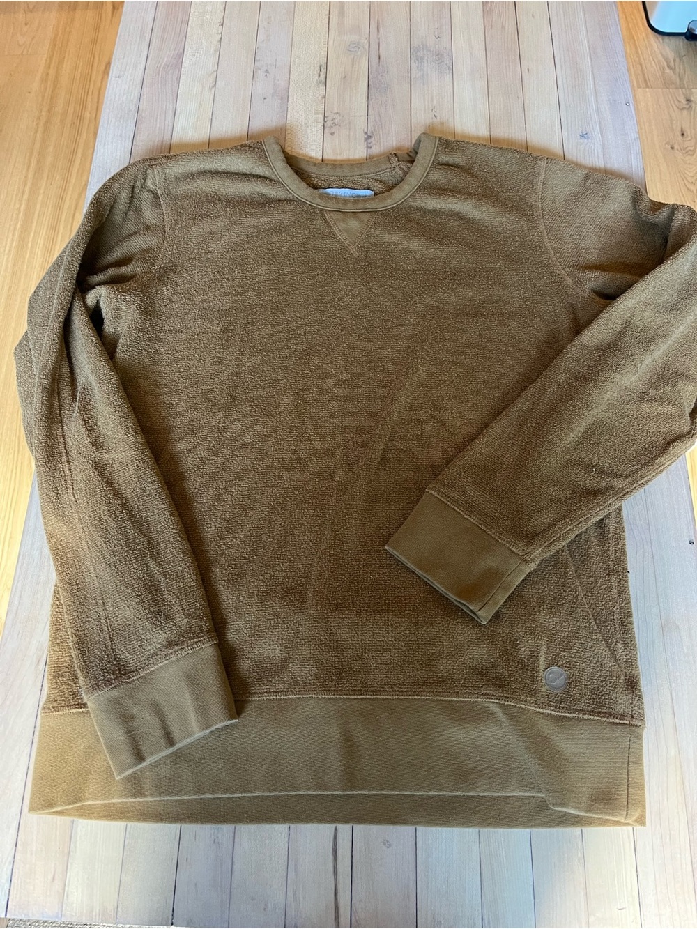 Outerknown organic cotton/recycled poly terry camel crew neck size M